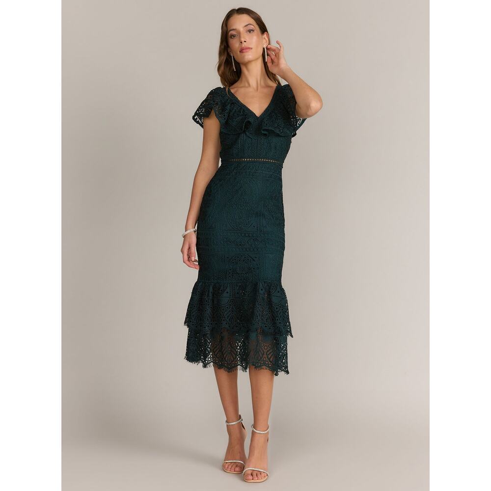 Just Me Green Ruffled V-Neck Sleeveless Crochet Sheath Dress Size Large